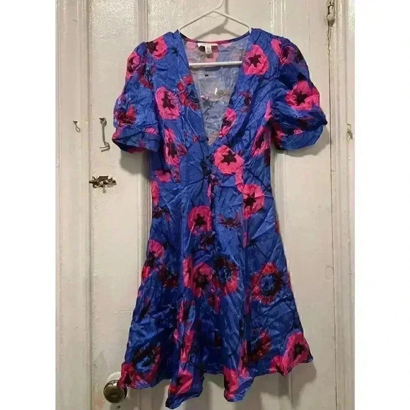 Topshop Floral Print Button Down Puff Sleeve Mini Dress Size 2 - Picture 2 of 11